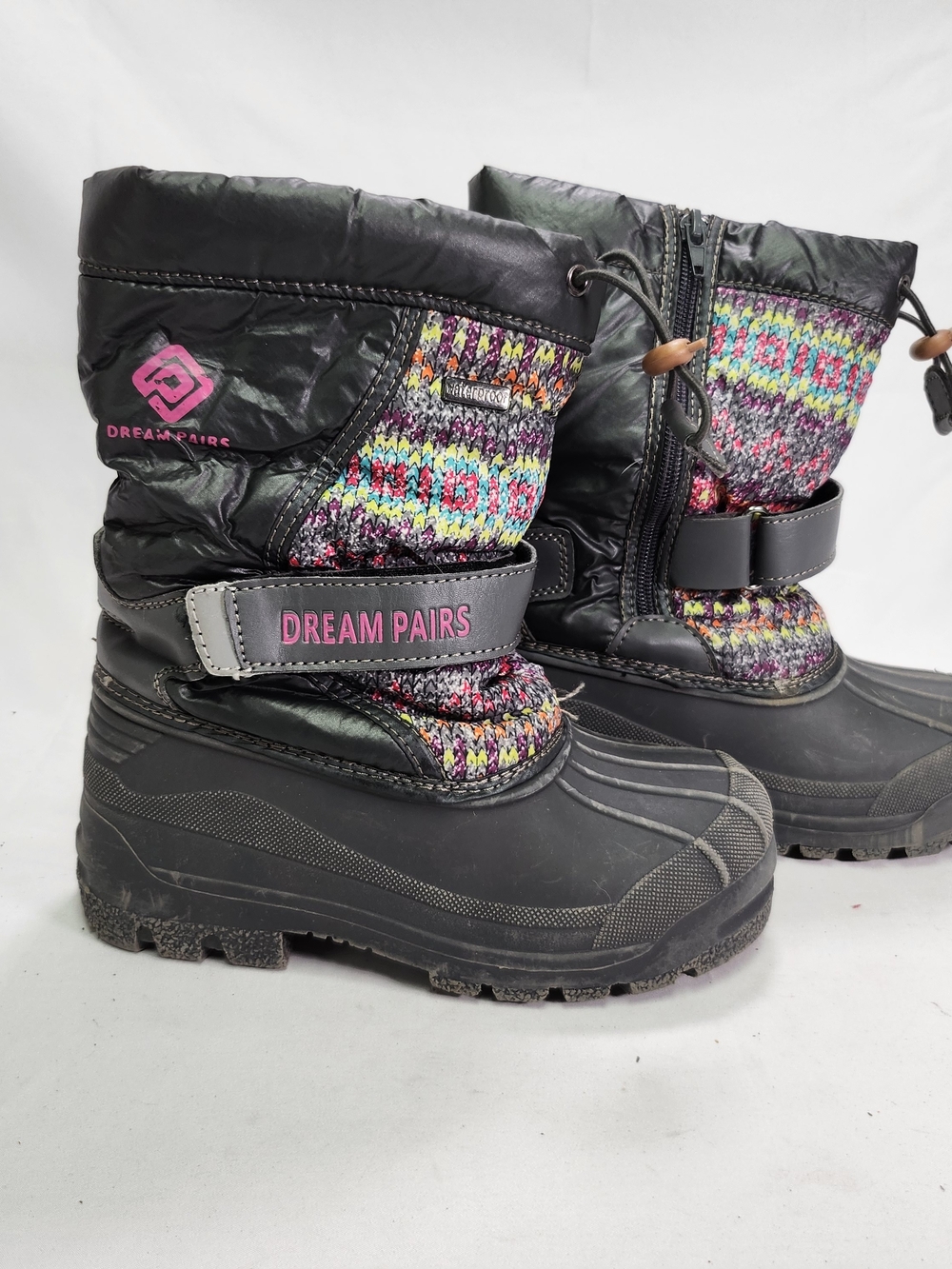 Dream Pairs Kids Black Winter Snow Boots with Multicolor Knit